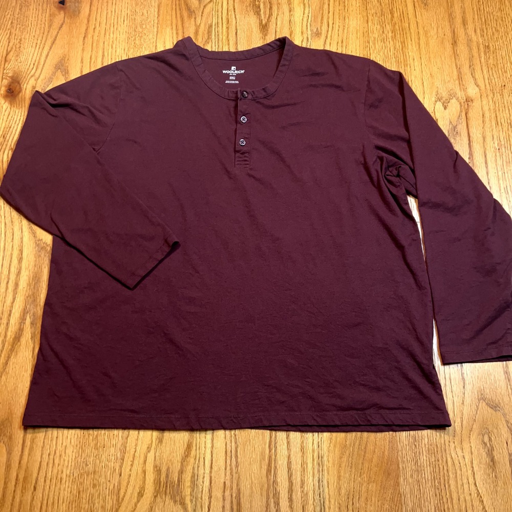 Woolrich Shirt Men's 2XL Maroon Henley Long Sleeve Casual Woven‎ Cotton Blend